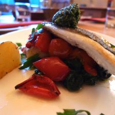 Sea Bass Fillets, Roasted Vegetables and Salsa Verde