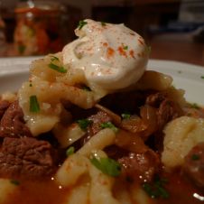 Hungarian Beef Goulash, Traditional Pasta and Pickles