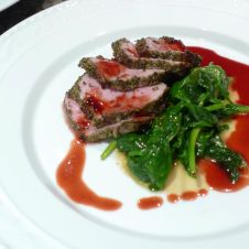 Herb Crusted Pork Fillet, Red Wine and Port Sauce with Roasted Root Vegetables