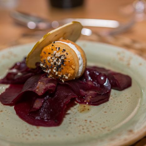 Goat's cheese starter with beetroot in a catered chalet