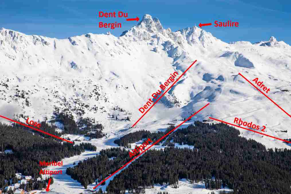 The altiport region of Meribel looking up the mountain showing the Loze, ALtiport and Dent Du Bergin lift //positions