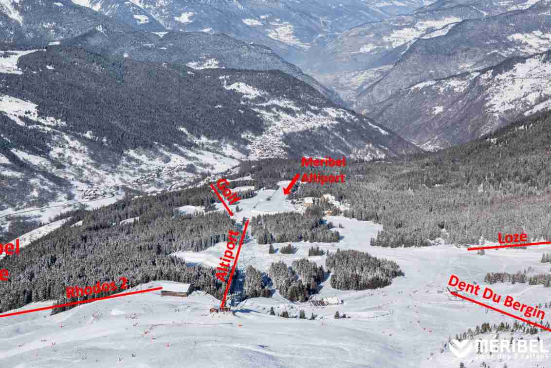 The altiport region of Meribel looking down the mountain showing the Rhodos, ALtiport and Gold lift //positions