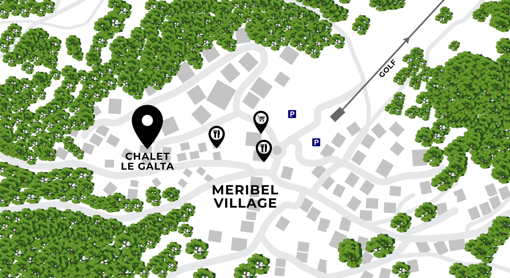 Map showing the location of Chalet Le Galta, a luxury chalet in Meribel Village