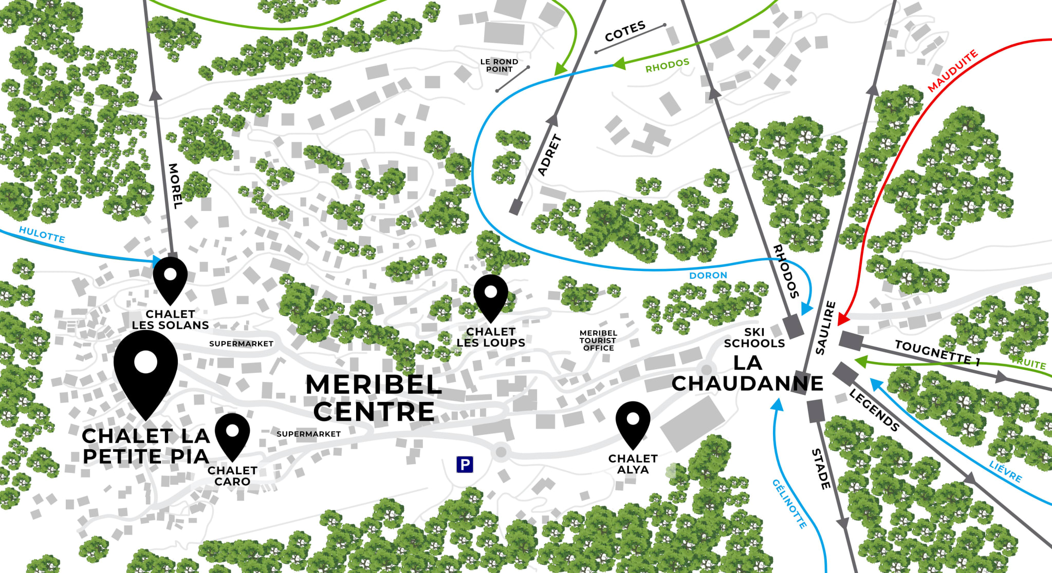 Map showing the location of Meribel luxury Chalet La Petite Pia