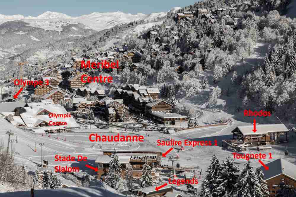 The Chaudanne area of Meribel showing all the lift positions