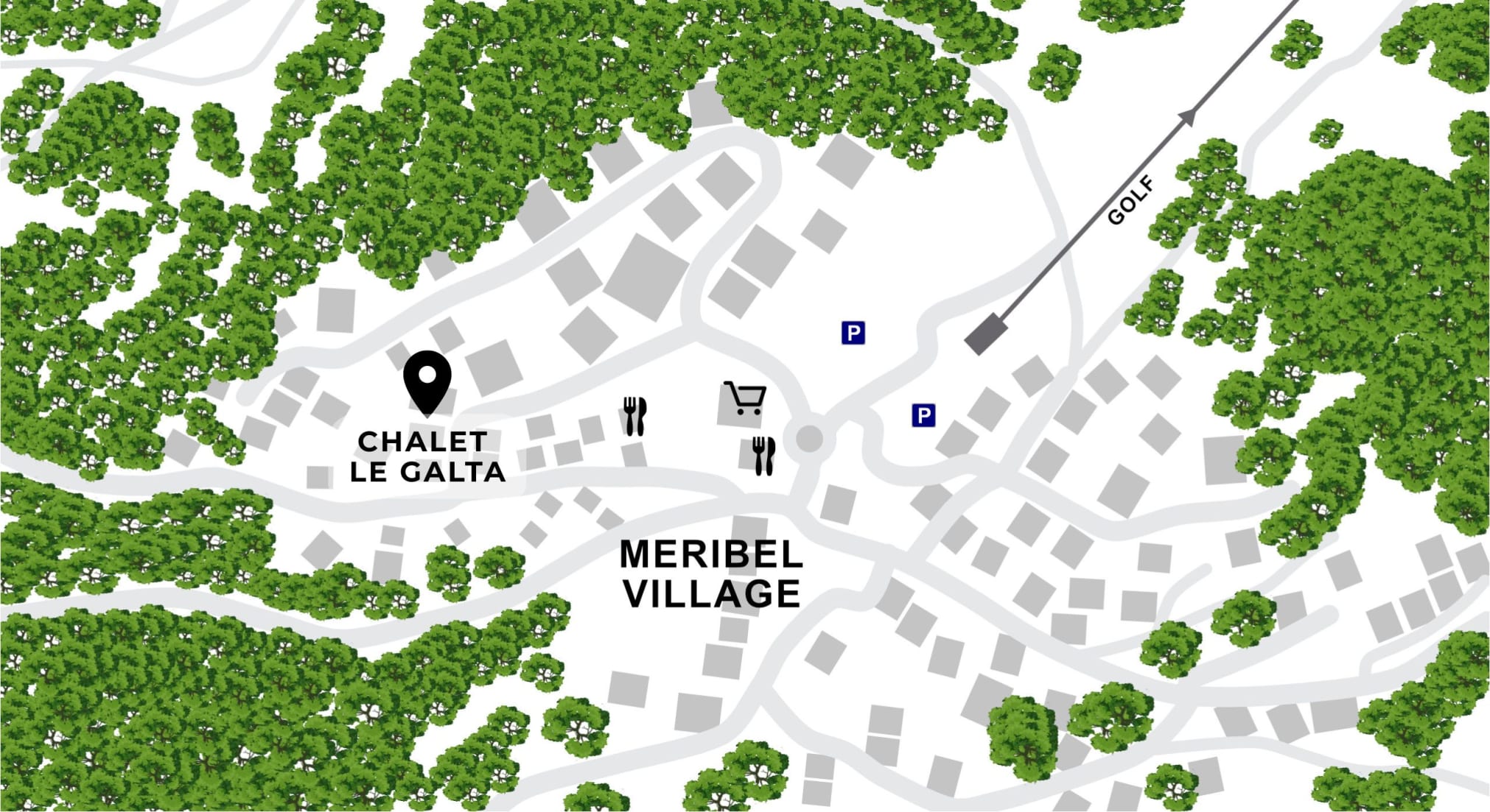 Map showing the location of Chalet Le Galta, a luxury chalet in Meribel Village