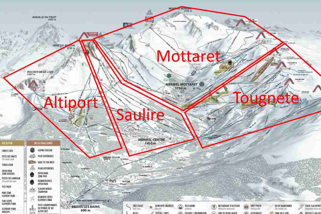 Ski areas of Meribel overlaid on a piste map