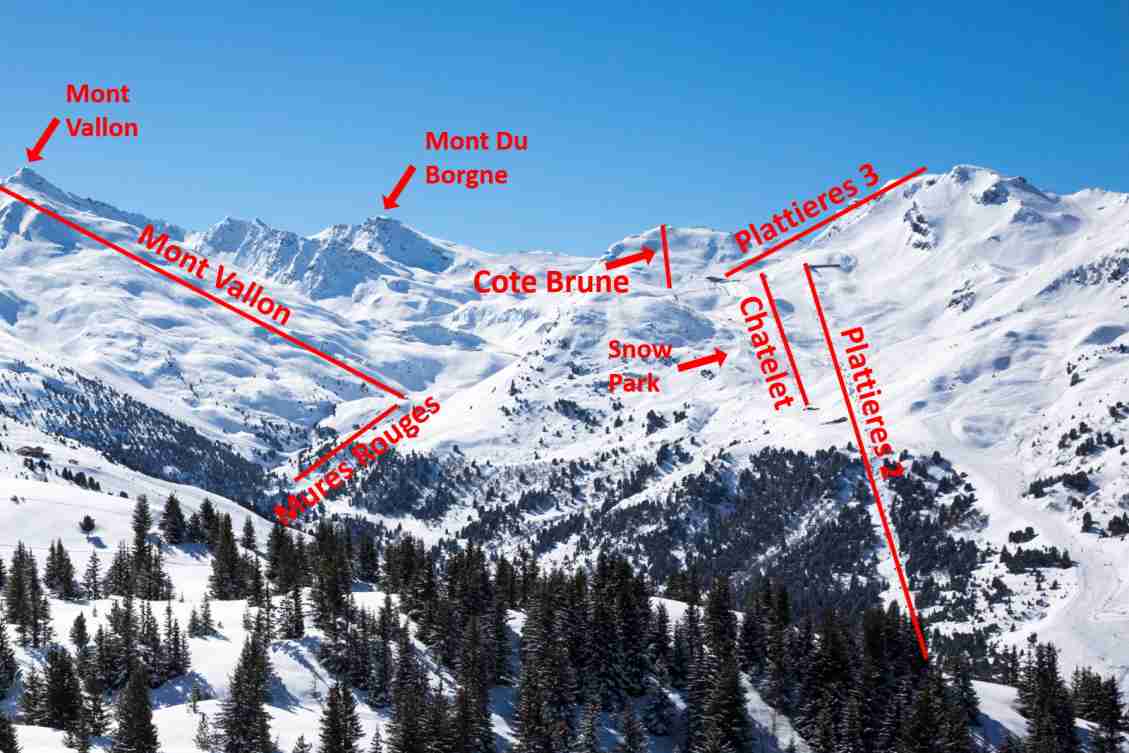 The mottaret region of Meribel around the Mont Vallon and Plattieres lifts showing the lift positions