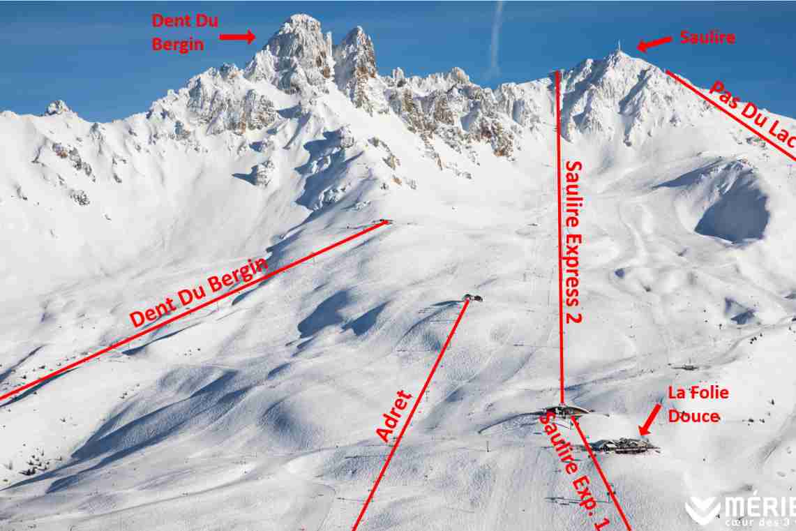 The Saulire region of Meribel looking up the mountain showing the ski lift positions including the Saulire //Express