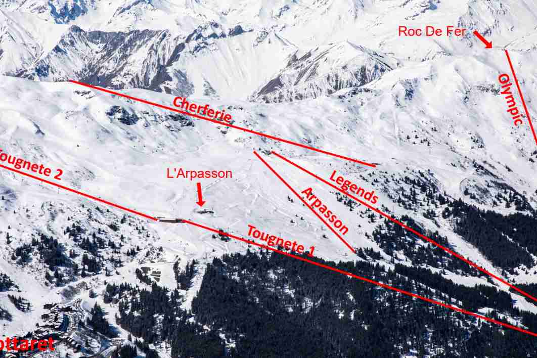 The Tougnete region of Meribel around the Cherferie, Legends and Tougnete lifts showing the lift positions