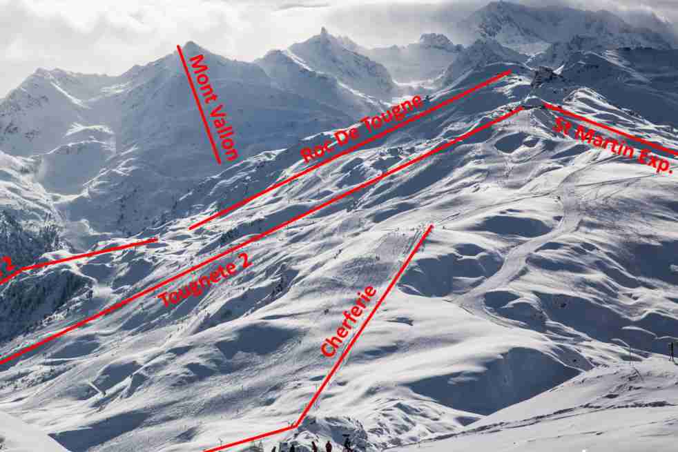 The Tougnete region of Meribel around the Tougnete 2 and Roc De Tougne lifts showing the lift positions